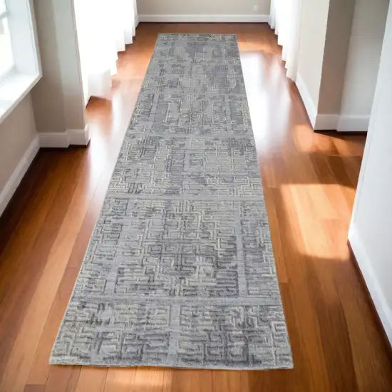 10' Gray and Ivory Abstract Hand Woven Runner Rug Photo 6