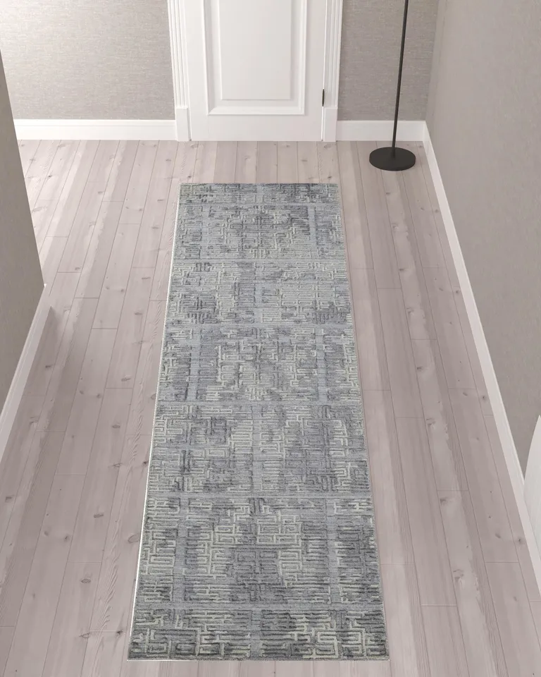 10' Gray And Ivory Abstract Hand Woven Runner Rug Photo 2