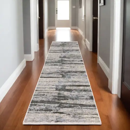 8' Gray And Ivory Abstract Runner Rug With Fringe Photo 1