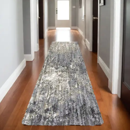 8' Gray And Ivory Abstract Shag Runner Rug Photo 1