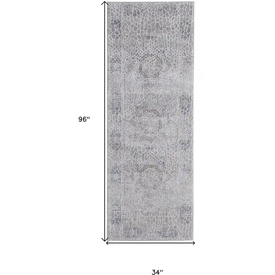 8' Gray And Ivory Floral Power Loom Distressed Stain Resistant Runner Rug Photo 7