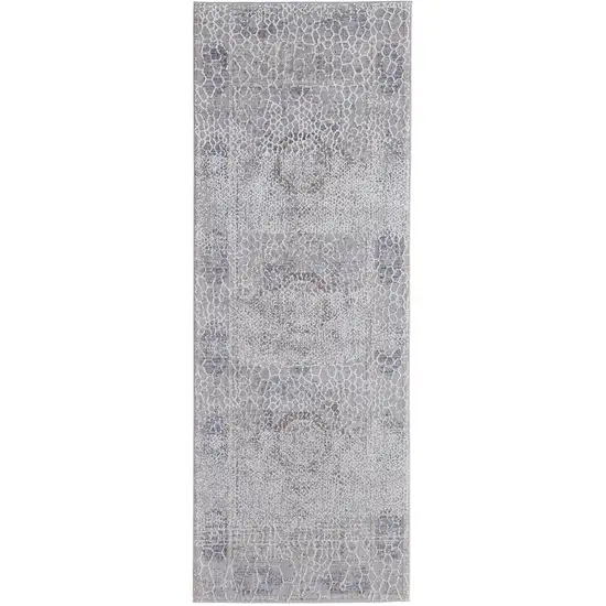 8' Gray And Ivory Floral Power Loom Distressed Stain Resistant Runner Rug Photo 1