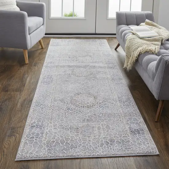 8' Gray And Ivory Floral Power Loom Distressed Stain Resistant Runner Rug Photo 4