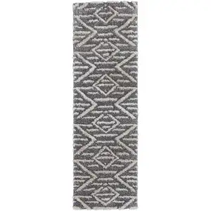 Photo of 8' Gray And Ivory Geometric Power Loom Stain Resistant Runner Rug