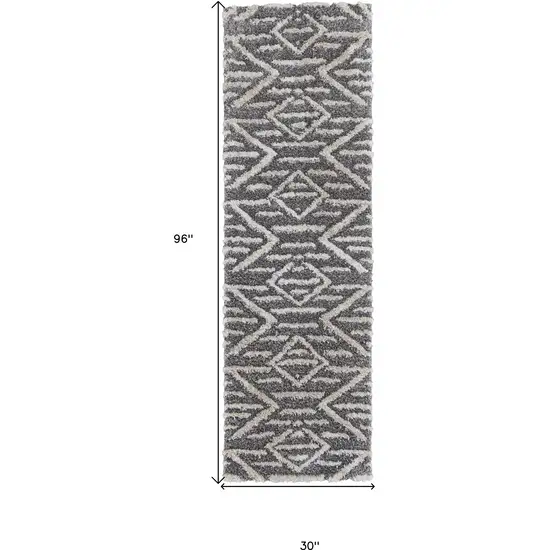 8' Gray And Ivory Geometric Power Loom Stain Resistant Runner Rug Photo 6