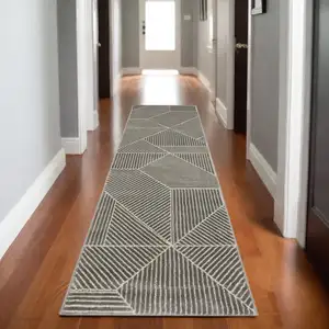 Photo of 8' Gray And Ivory Geometric Runner Rug