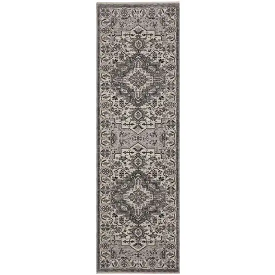 8' Gray And Ivory Medallion Runner Rug With Fringe Photo 2