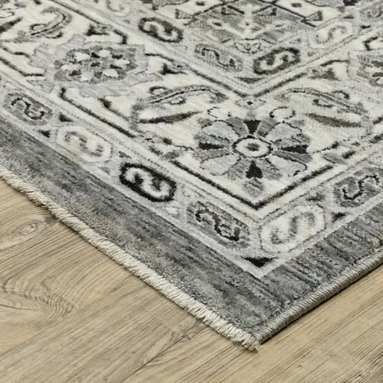 8' Gray And Ivory Medallion Runner Rug With Fringe Photo 4