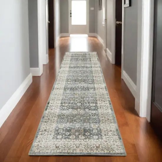 8' Gray And Ivory Oriental Distressed Runner Rug Photo 1