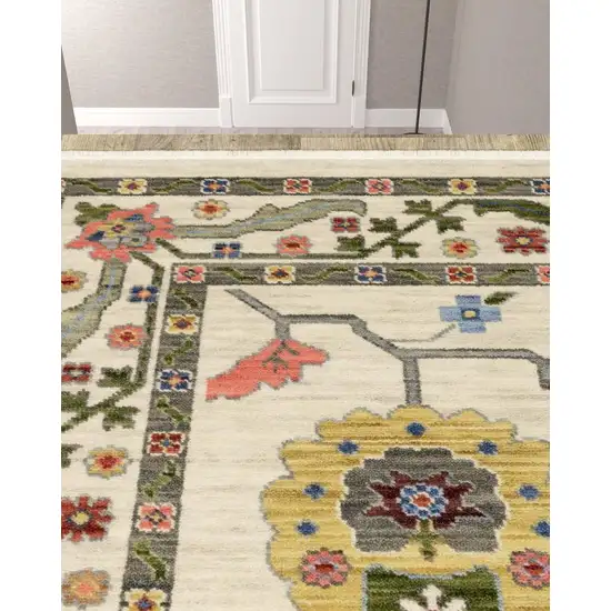 12' Gray And Ivory Oriental Power Loom Runner Rug With Fringe Photo 3