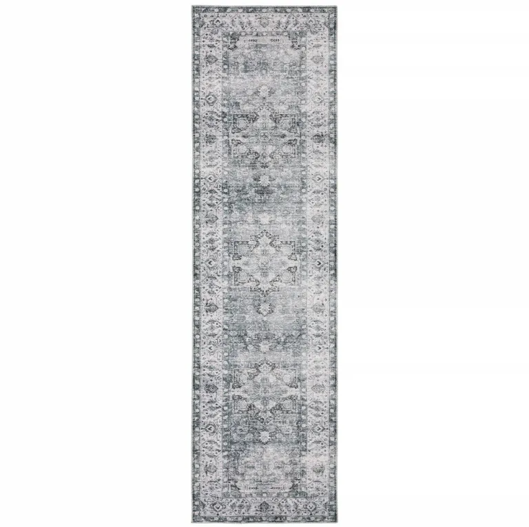 8' Gray And Ivory Oriental Printed Non Skid Runner Rug Photo 2