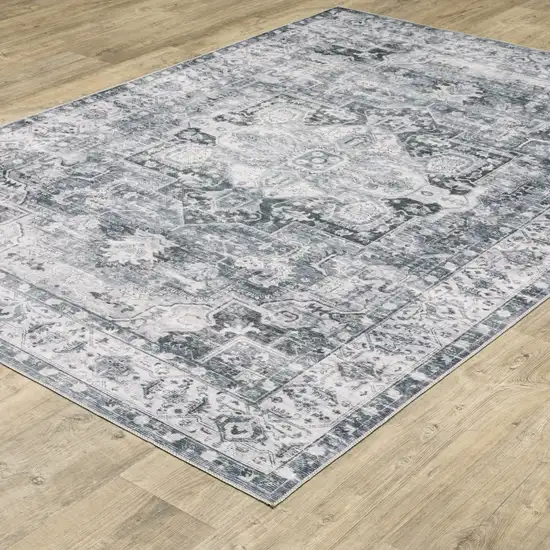 8' Gray And Ivory Oriental Printed Non Skid Runner Rug Photo 6