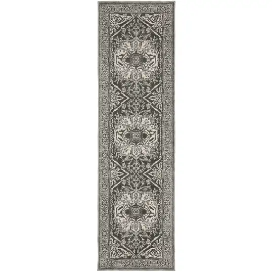 8' Gray And Ivory Oriental Runner Rug Photo 2