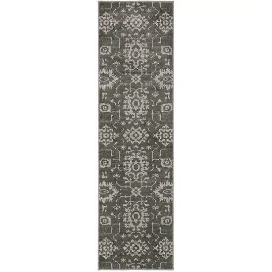 8' Gray And Ivory Oriental Runner Rug Photo 2