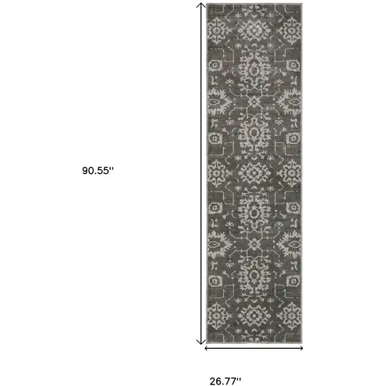 8' Gray And Ivory Oriental Runner Rug Photo 3