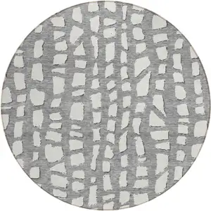 Photo of 8' Gray And Ivory Round Abstract Washable Indoor Outdoor Area Rug