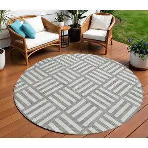 Photo of 8' Gray And Ivory Round Geometric Washable Indoor Outdoor Area Rug