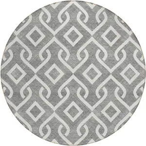 Photo of 8' Gray And Ivory Round Geometric Washable Indoor Outdoor Area Rug