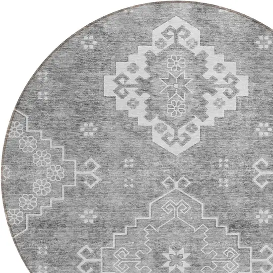 8' Gray And Ivory Round Medallion Washable Indoor Outdoor Area Rug Photo 4