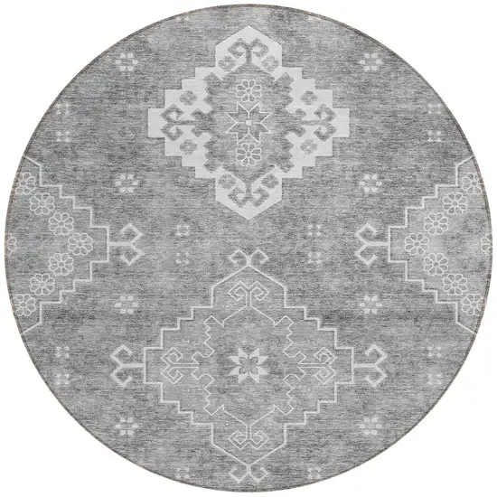 8' Gray And Ivory Round Medallion Washable Indoor Outdoor Area Rug Photo 5