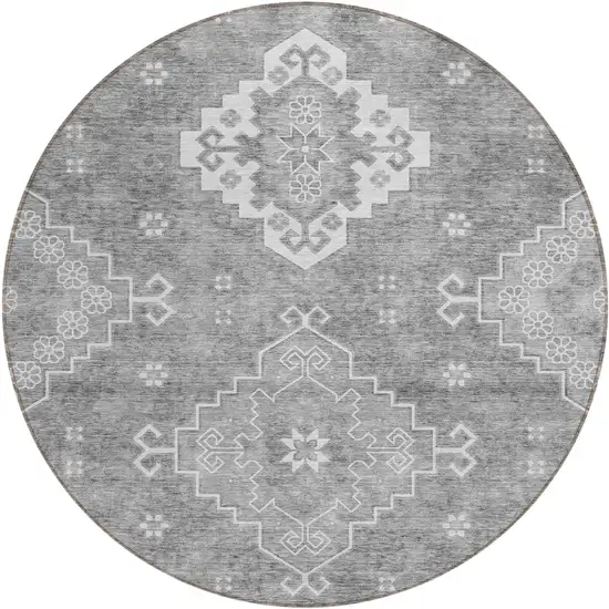 8' Gray And Ivory Round Medallion Washable Indoor Outdoor Area Rug Photo 2