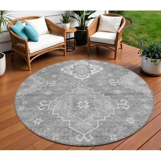 8' Gray And Ivory Round Medallion Washable Indoor Outdoor Area Rug Photo 1