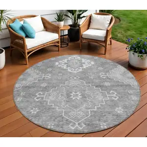 Photo of 8' Gray And Ivory Round Medallion Washable Indoor Outdoor Area Rug