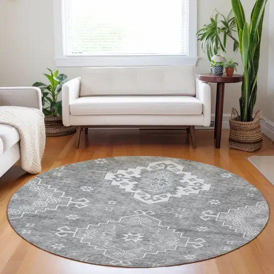 8' Gray And Ivory Round Medallion Washable Indoor Outdoor Area Rug Photo 7