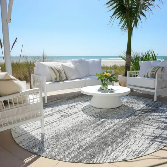 8' Gray And Ivory Round Striped Washable Indoor Outdoor Area Rug Photo 8