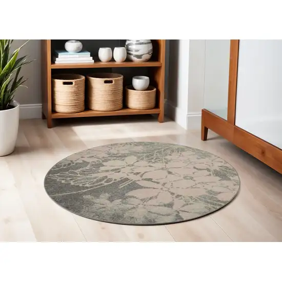 5' Gray And Pink Floral Round Rug Photo 1