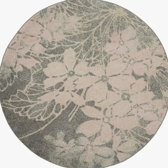 5' Gray And Pink Floral Round Rug Photo 5