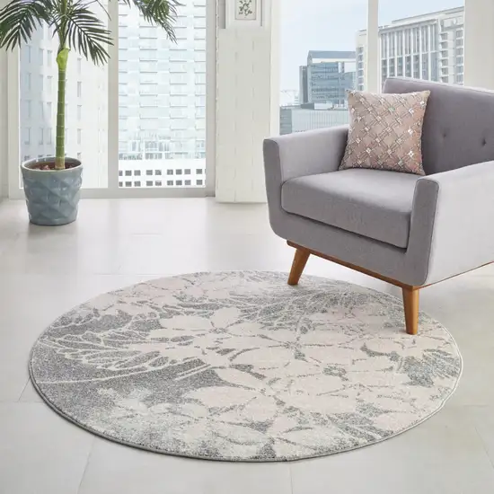 5' Gray And Pink Floral Round Rug Photo 7