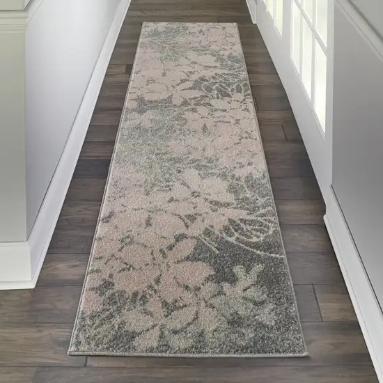 7' Gray And Pink Floral Runner Rug Photo 7