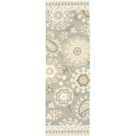 8' Gray And Sand Wool Floral Hand Tufted Runner Rug Photo 2