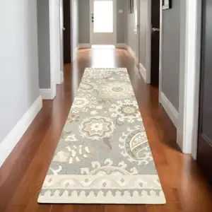 Photo of 8' Gray And Sand Wool Floral Hand Tufted Runner Rug