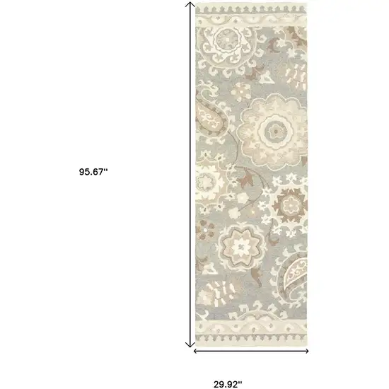 8' Gray And Sand Wool Floral Hand Tufted Runner Rug Photo 3