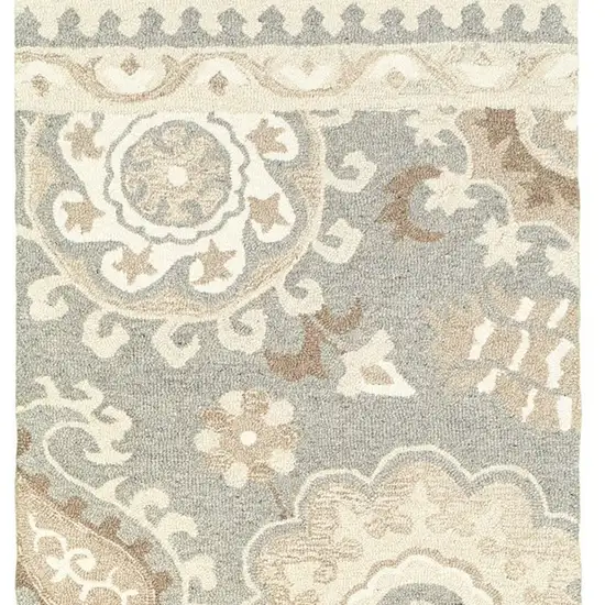 8' Gray And Sand Wool Floral Hand Tufted Runner Rug Photo 5