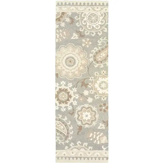 8' Gray And Sand Wool Floral Hand Tufted Runner Rug Photo 4