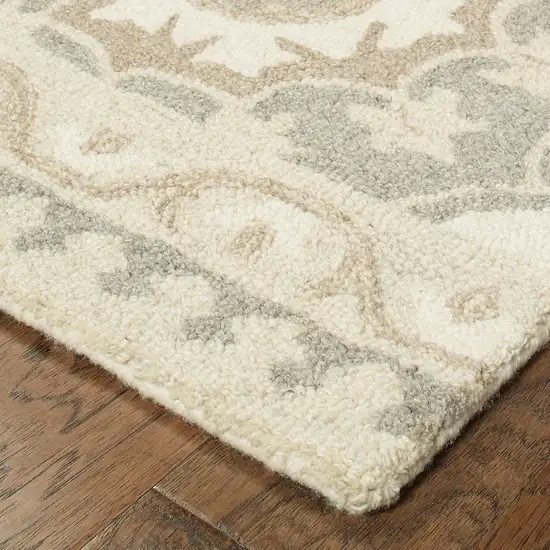 8' Gray And Sand Wool Floral Hand Tufted Runner Rug Photo 6