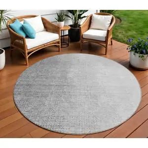 Photo of 8' Gray And Silver Round Abstract Washable Indoor Outdoor Area Rug