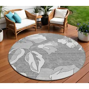 Photo of 8' Gray And Silver Round Floral Washable Indoor Outdoor Area Rug