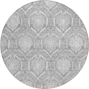 Photo of 8' Gray And Silver Round Medallion Washable Indoor Outdoor Area Rug