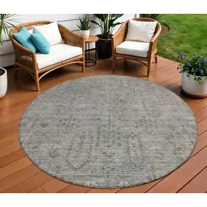 Photo of 8' Gray And Silver Round Southwestern Washable Indoor Outdoor Area Rug