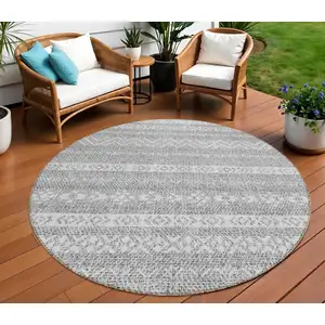 Photo of 8' Gray And Silver Round Southwestern Washable Indoor Outdoor Area Rug