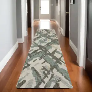 Photo of 8' Gray And Teal Wool Abstract Hand Tufted Runner Rug