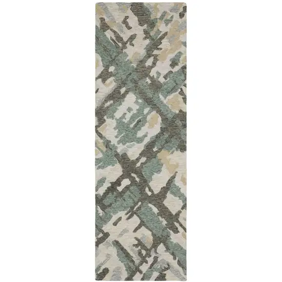 8' Gray And Teal Wool Abstract Hand Tufted Runner Rug Photo 2