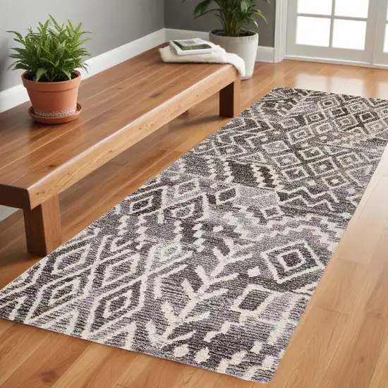 Gray and White Wool Abstract Hand Tufted Runner Rug Photo 1