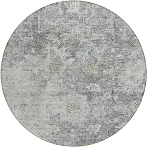 Photo of 8' Gray Beige And Charcoal Round Oriental Washable Indoor Outdoor Area Rug