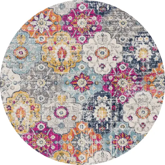 5' Gray Beige and Blue Geometric Distressed Round Rug Photo 2