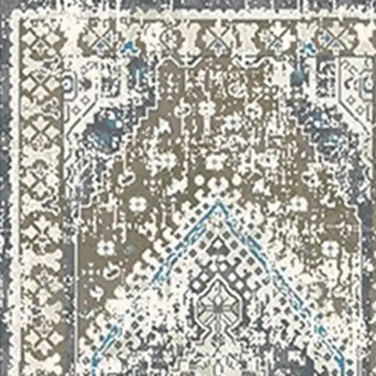 8' Gray Beige and Blue Geometric Distressed Runner Rug With Fringe Photo 3